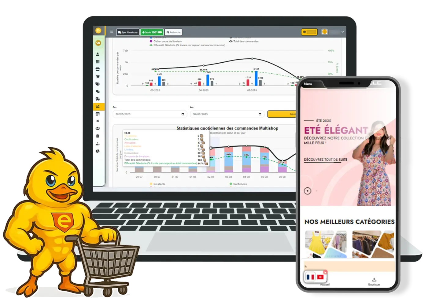 Boutique en ligne e-Tijara PRO sur ordinateur et smartphone
