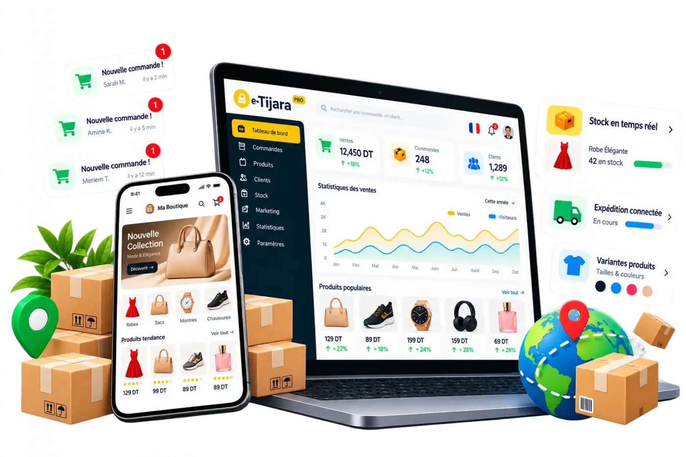 تاجر e-Tijara PRO مع إحصائيات المبيعات على الهاتف